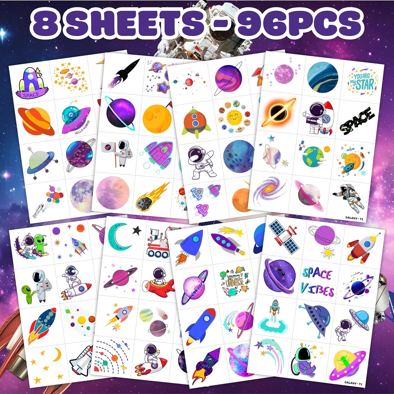 96PCS Galaxy Themed Temporary Tattoos for Kids - Space Party Supplies