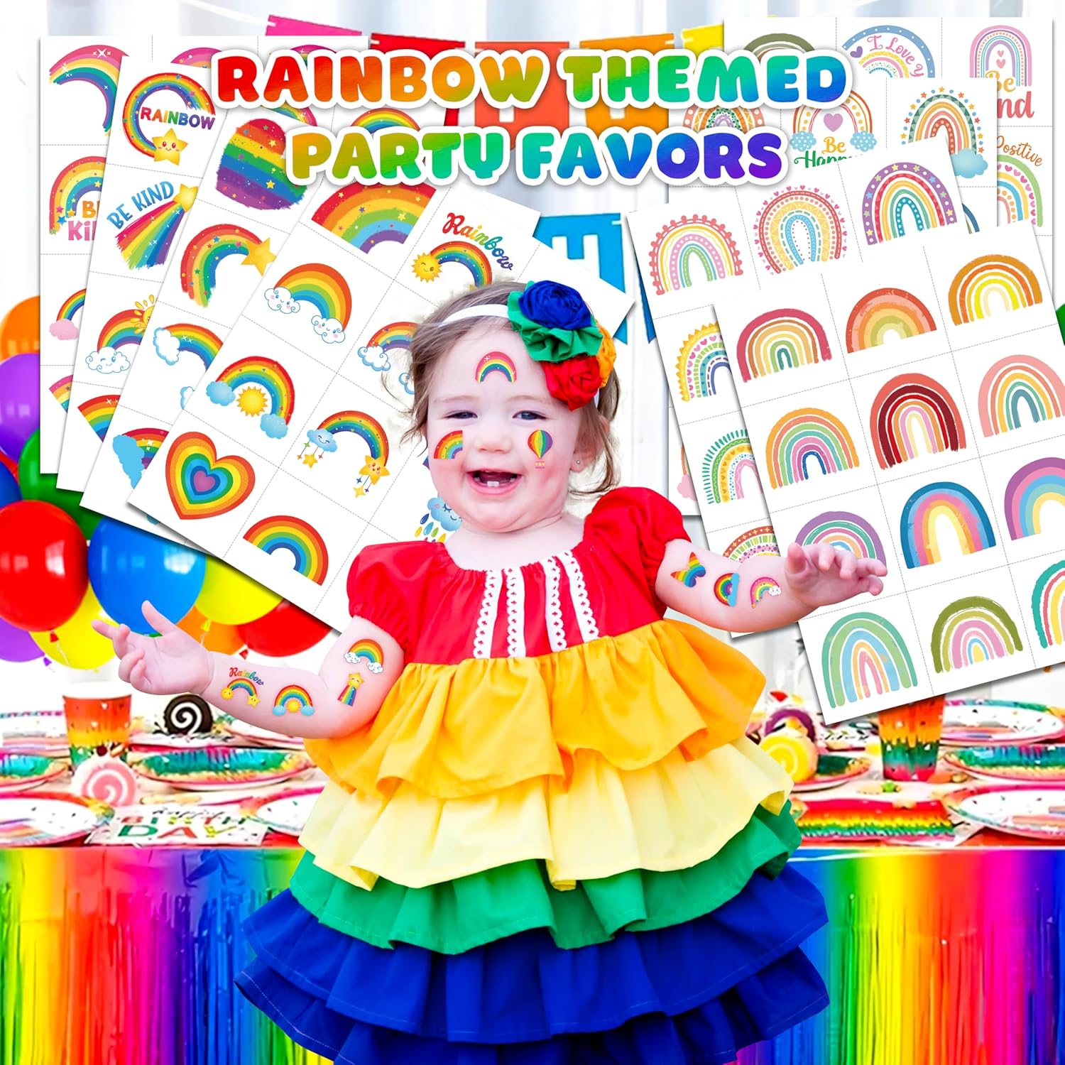 96 PCS Rainbow Pastel Temporary Tattoos for Kids