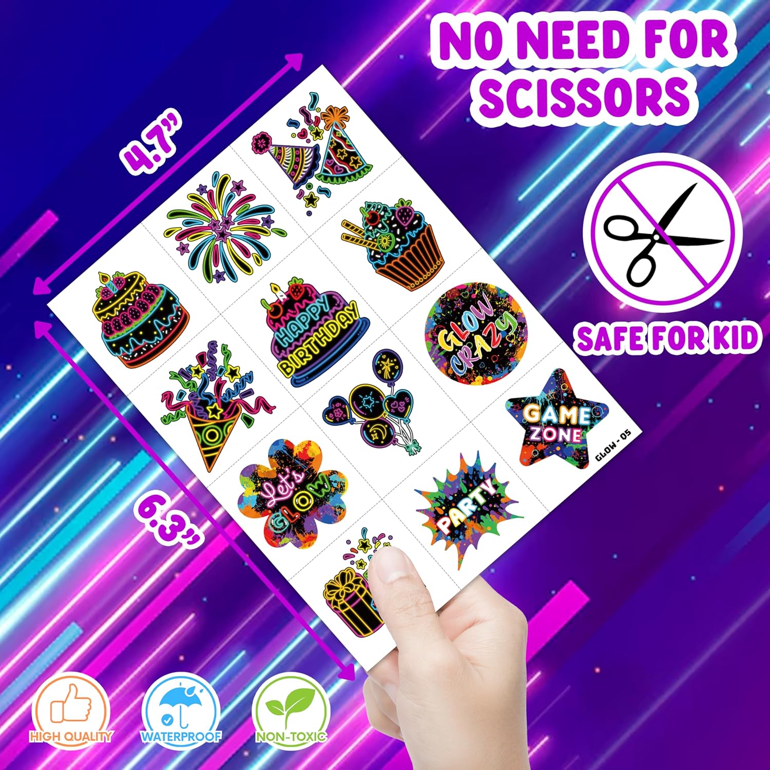 96 PCS Neon Glow In The Dark Temporary Tattoos for Kids