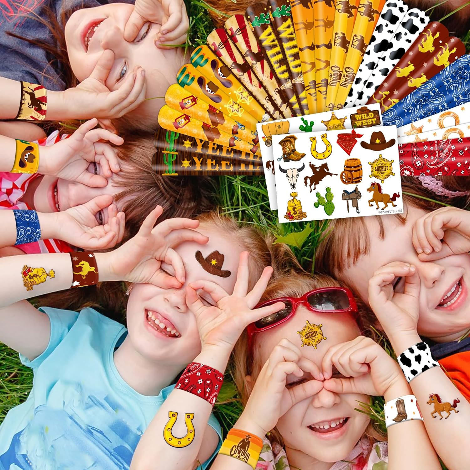 48PCS Cowboy Party Set Temporary Tattoos Slap Bracelets for Kids