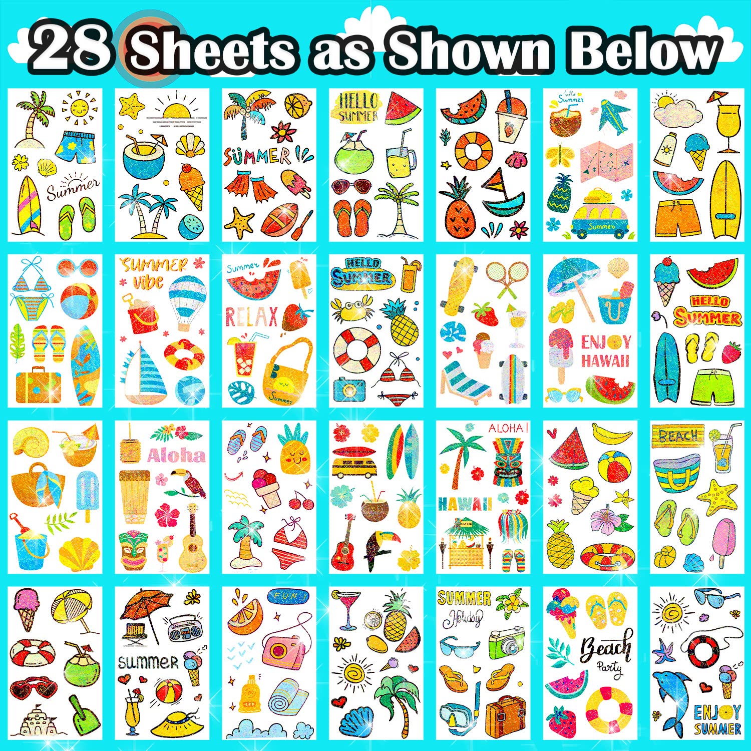Partywind 28 Sheets Glitter Hawaiian Temporary Tattoos for Kids
