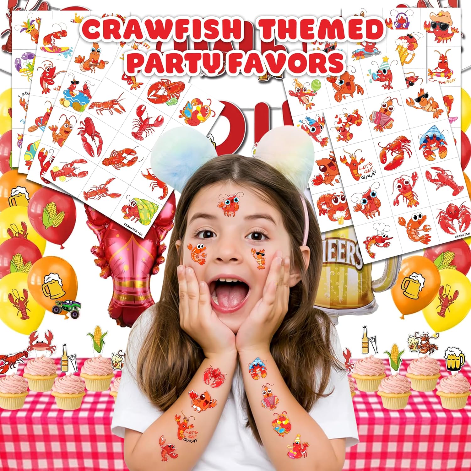 96 PCS Crawfish Themed Temporary Tattoos for Kids