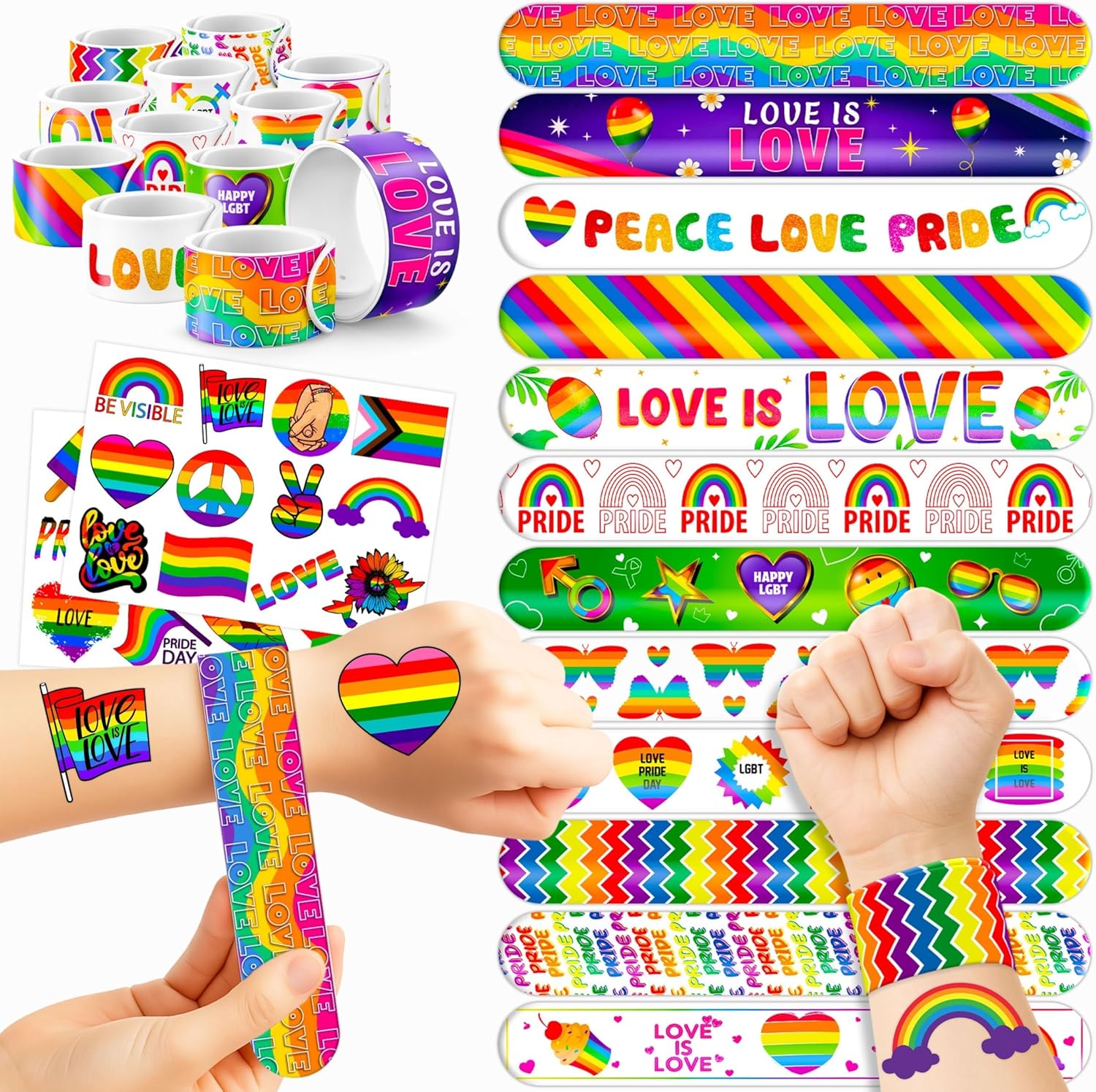 48PCS Pride Party Set 24PCS Rainbow Temporary Tattoos 24PCS Slap Bracelets