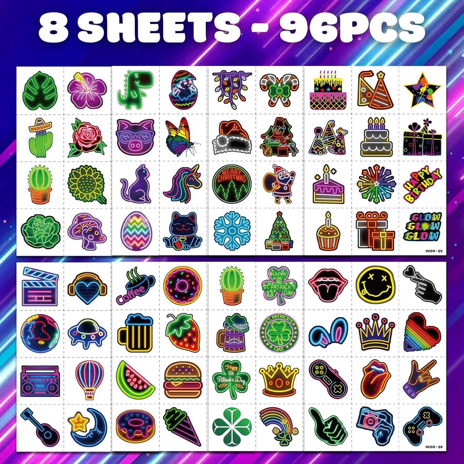 Neon Temporary Tattoos Party Decor 96 PCS 8 Sheets