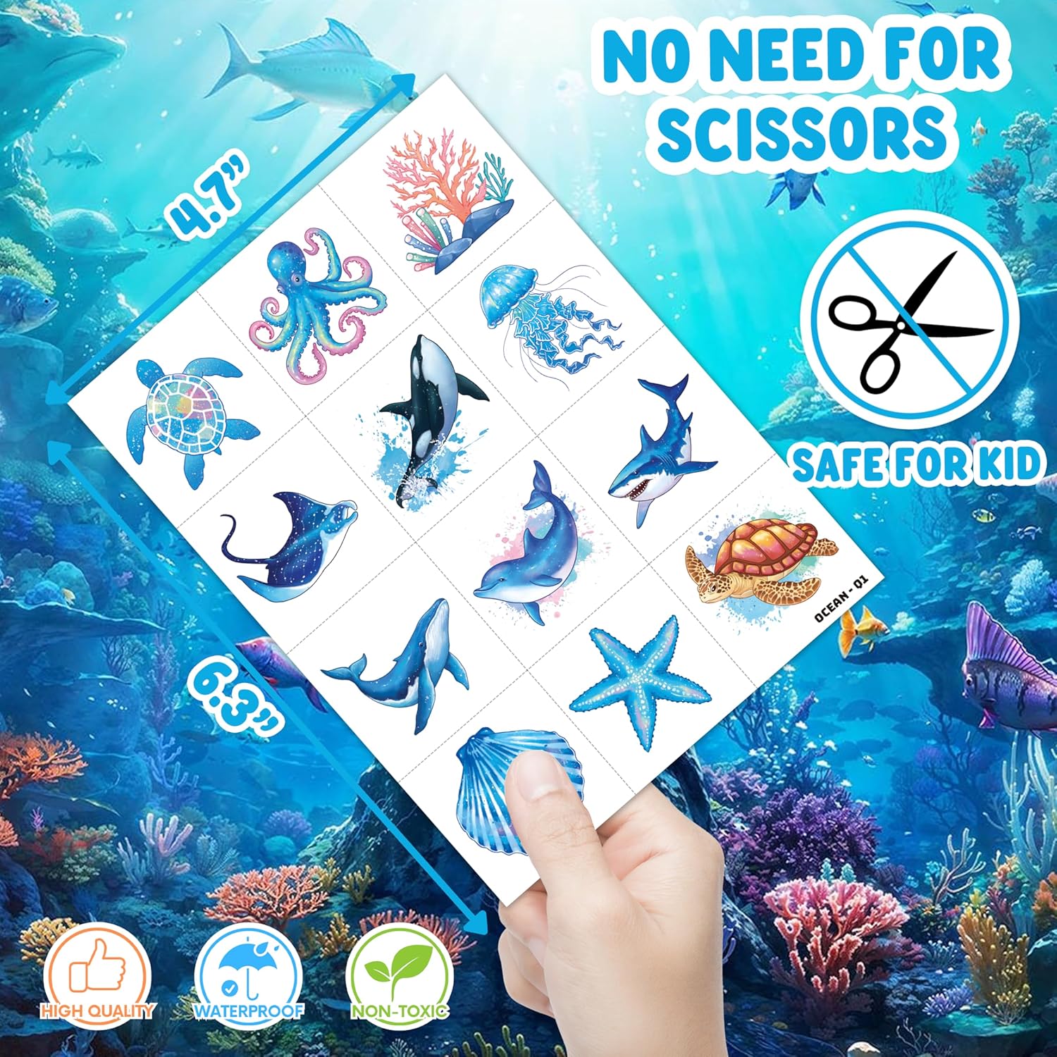 96 PCS Ocean Sea Animal Temporary Tattoos for Kids