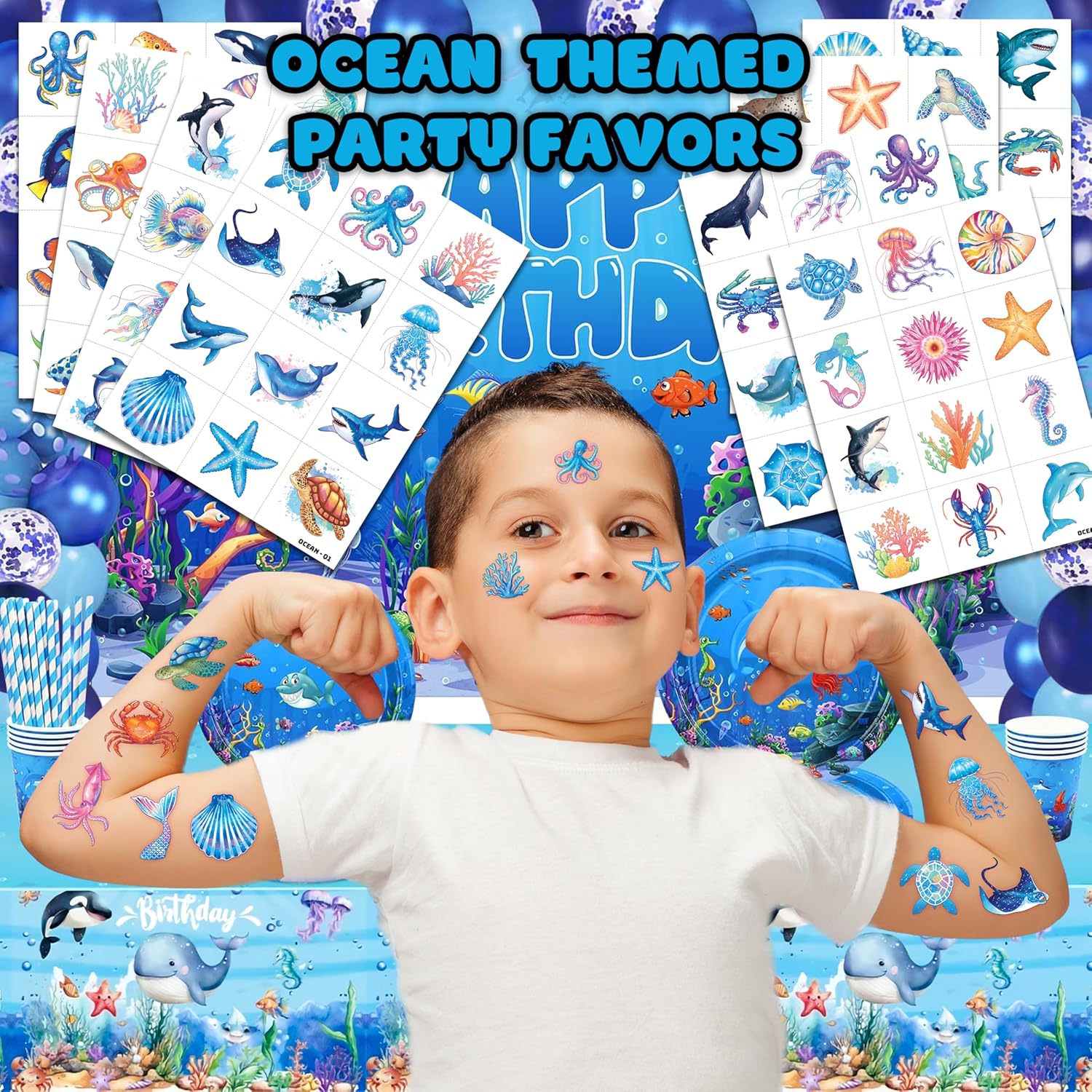 96 PCS Ocean Sea Animal Temporary Tattoos for Kids