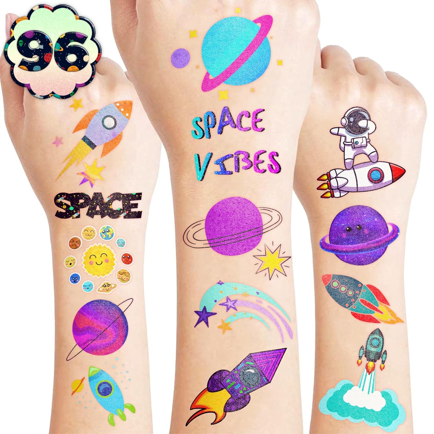 96PCS Galaxy Themed Temporary Tattoos for Kids - Space Party Supplies