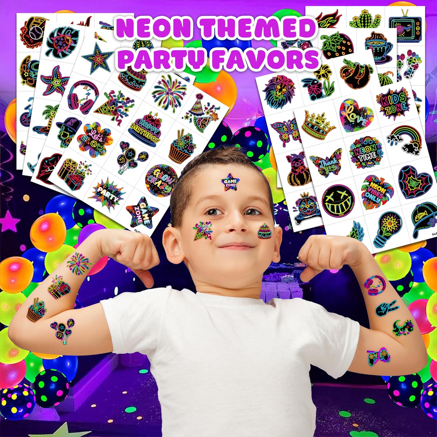 96 PCS Neon Glow In The Dark Temporary Tattoos for Kids