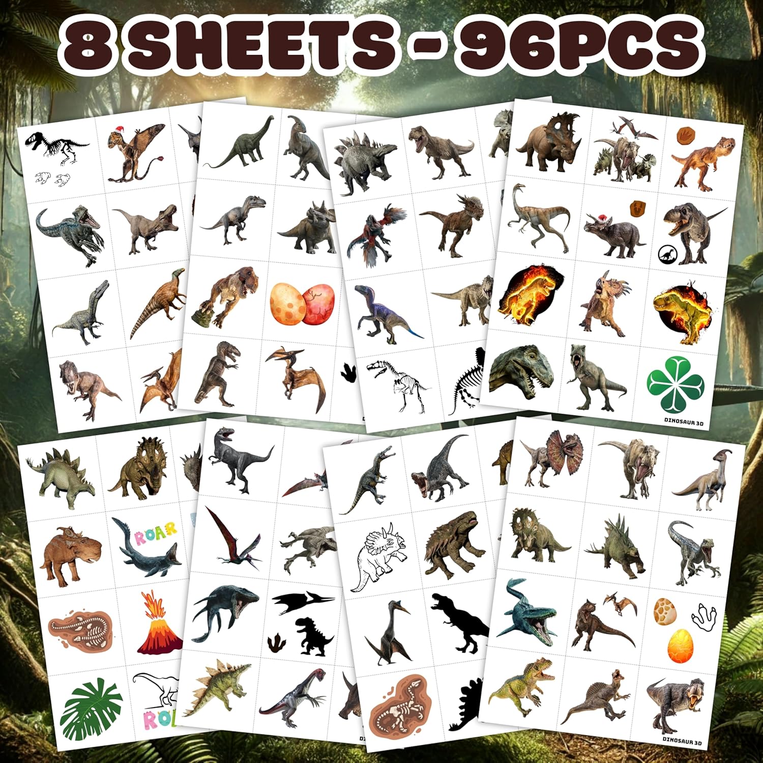96PCS Dinosaur 3D Temporary Tattoos Stickers