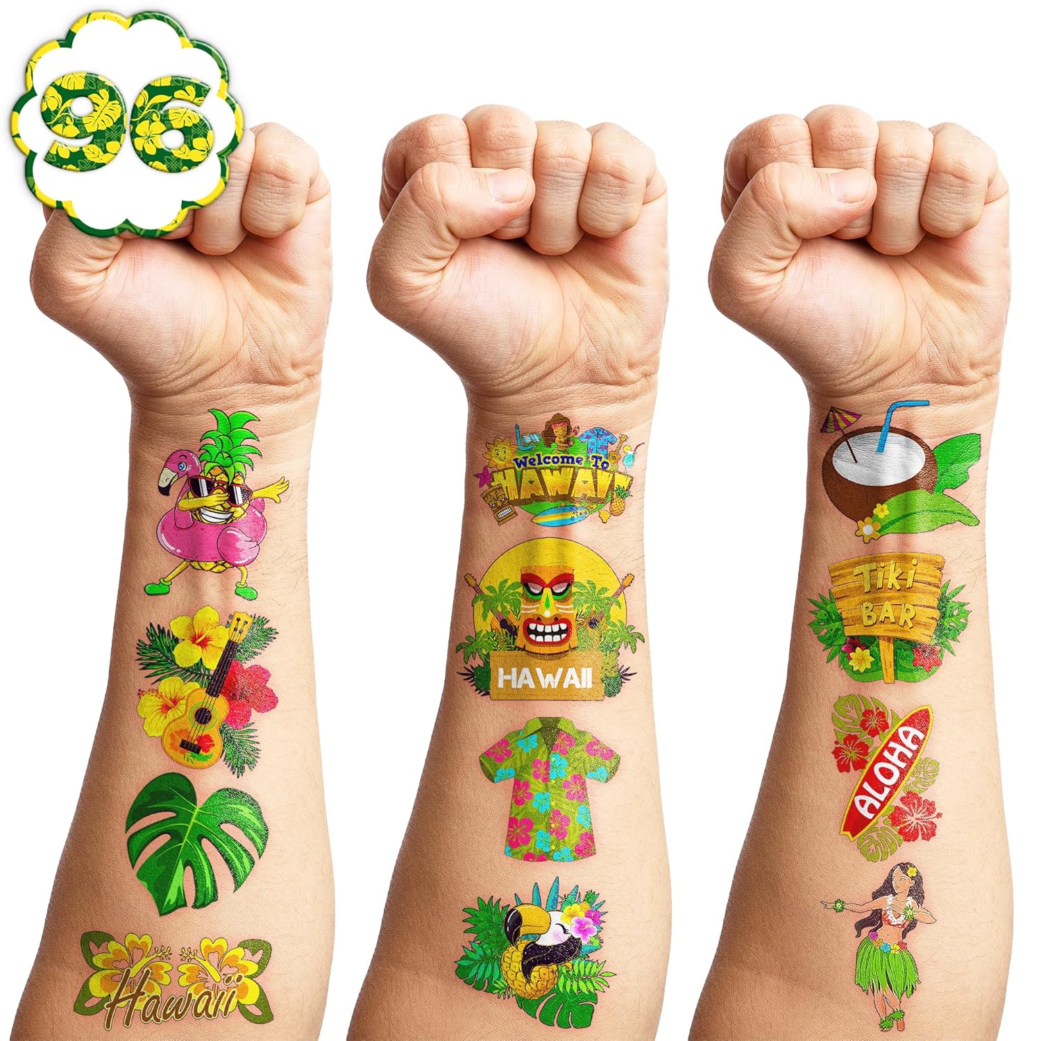 96 PCS Hawaiian Pre-Cut Temporary Tattoos Party Decorations