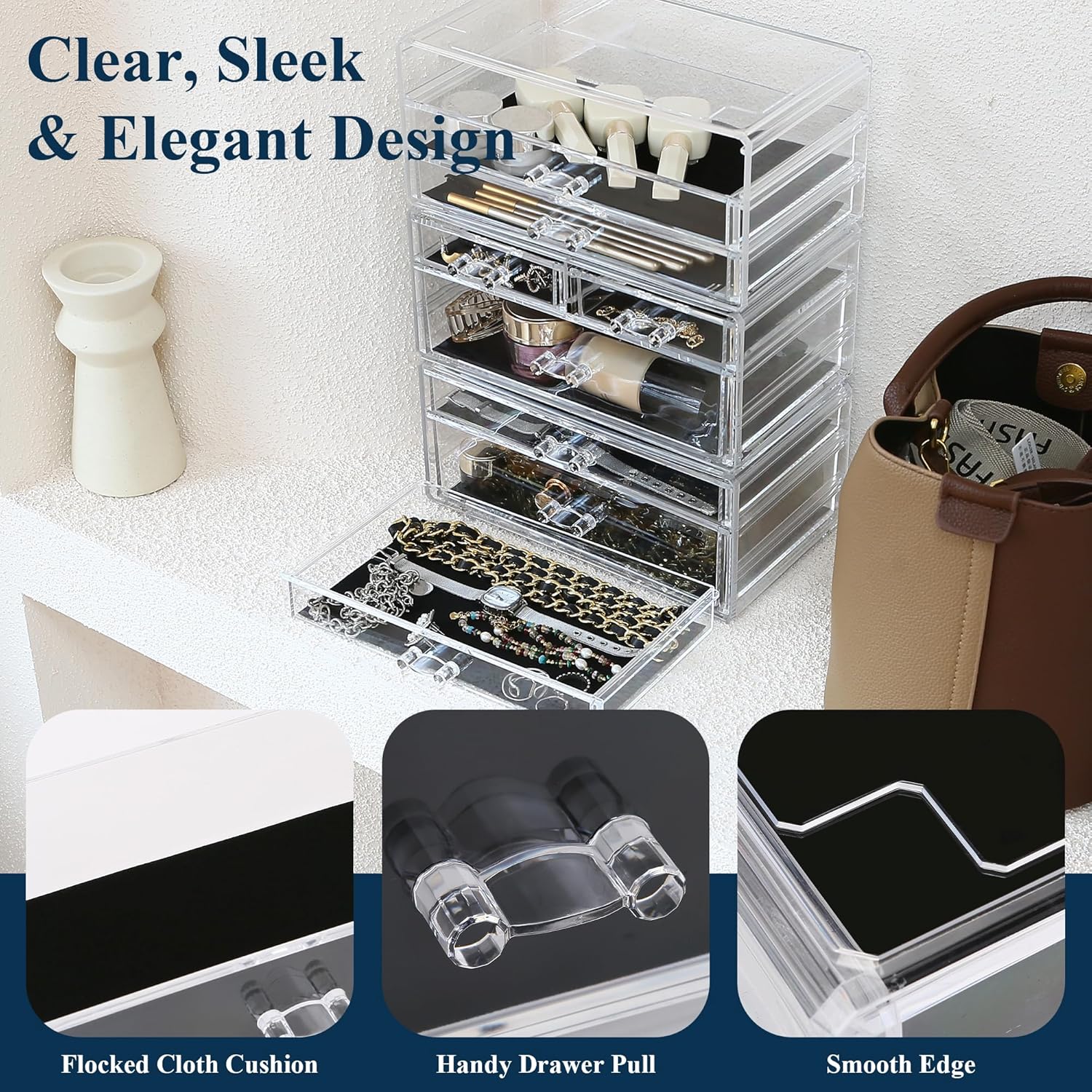 Sea Team 3-Tier Clear Makeup Organizer with 8 Drawers