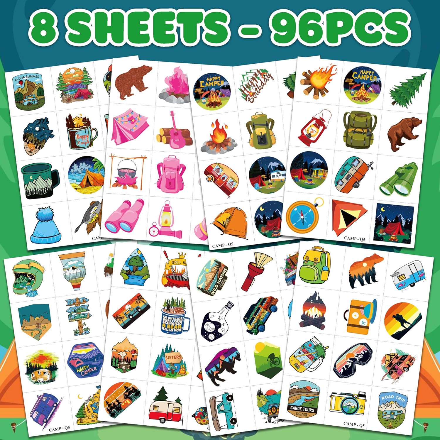 96 PCS Camp Themed Temporary Tattoos for Kids