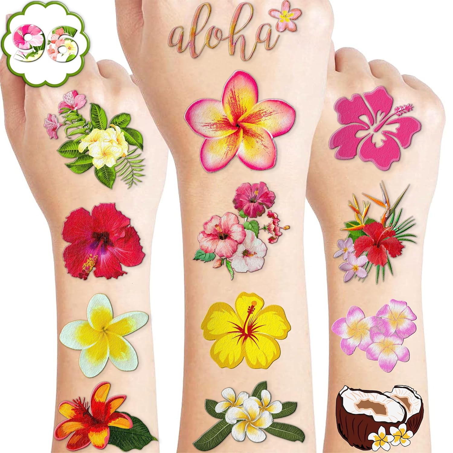 Tropical Flower Hawaiian Temporary Tattoos 96 PCS