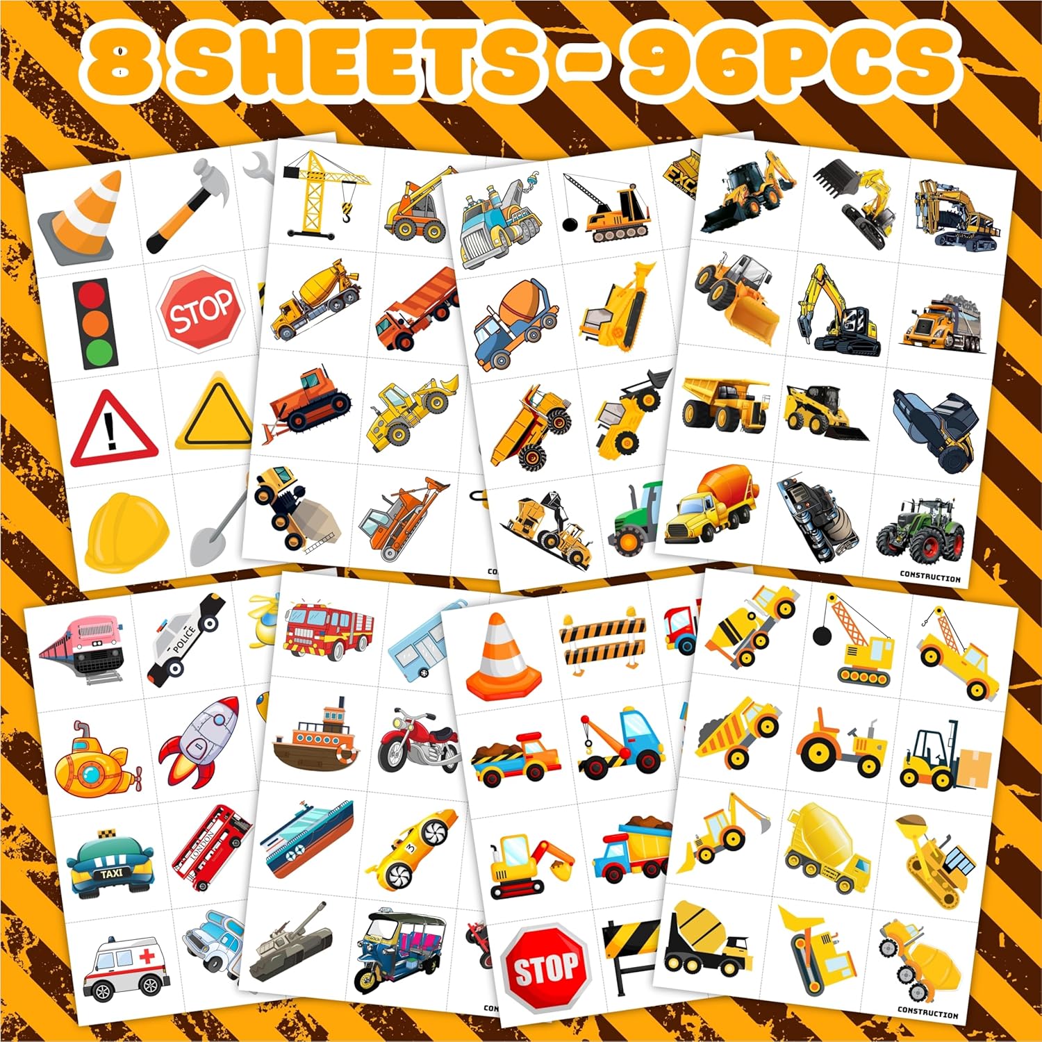 Construction Themed Temporary Tattoos for Kids 96PCS