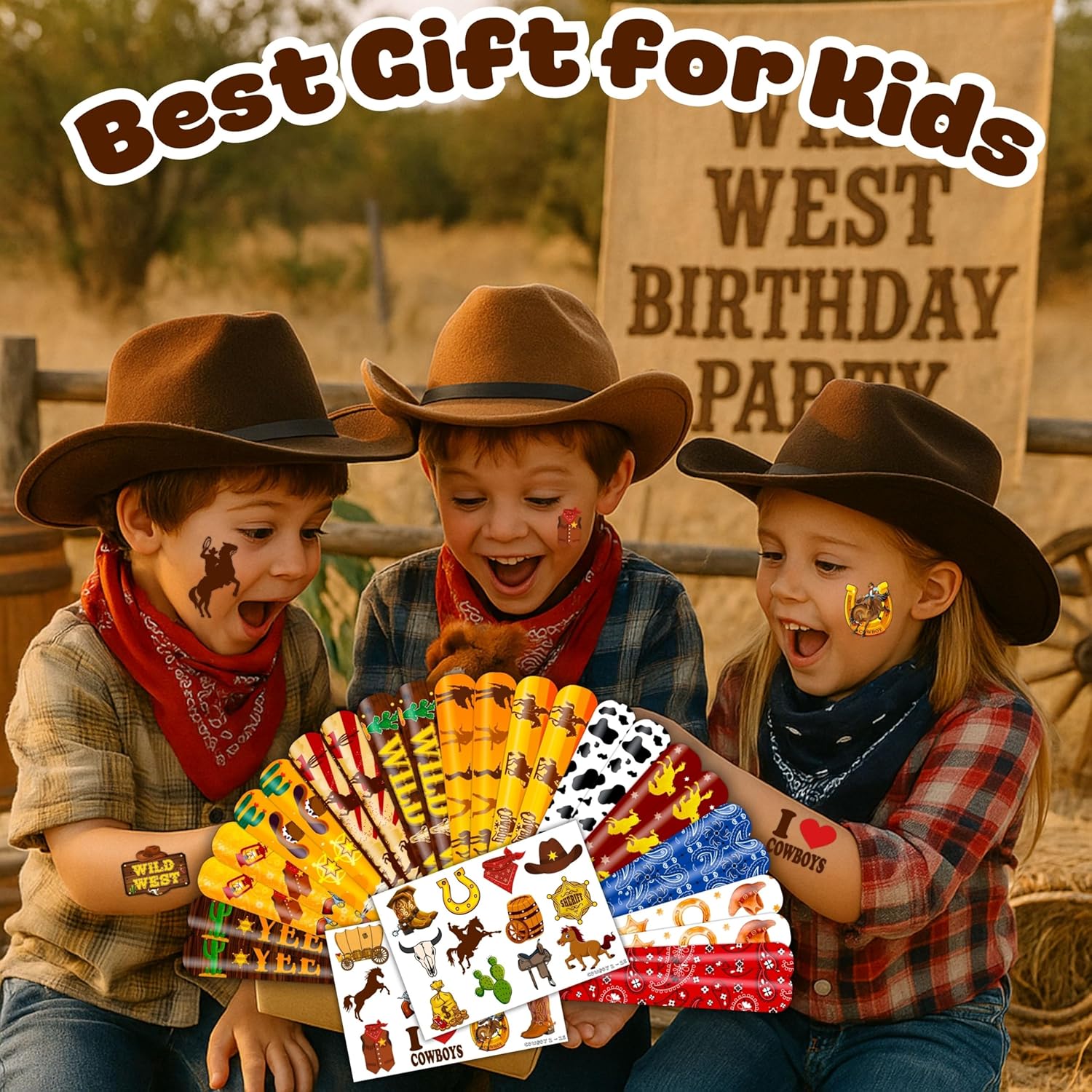 48PCS Cowboy Party Set Temporary Tattoos Slap Bracelets for Kids