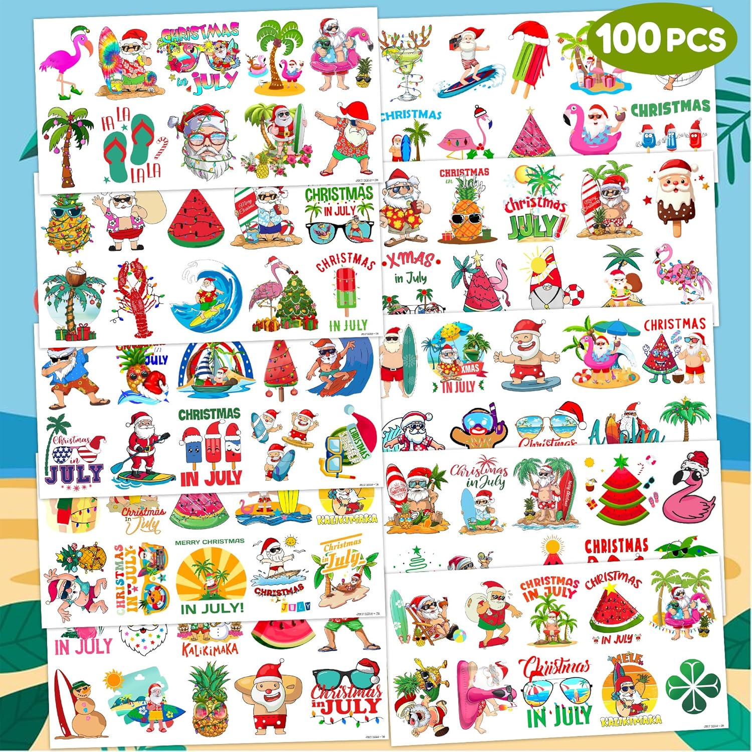 100PCS Hawaiian Christmas Temporary Tattoos for Boys Girls Kids