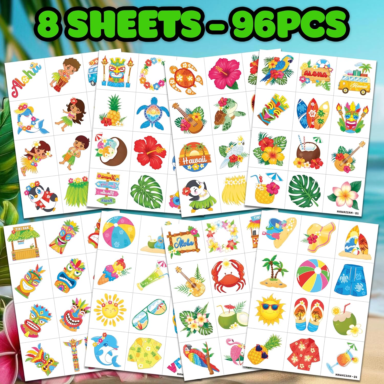 96 PCS Hawaiian Luau Temporary Tattoos for Kids