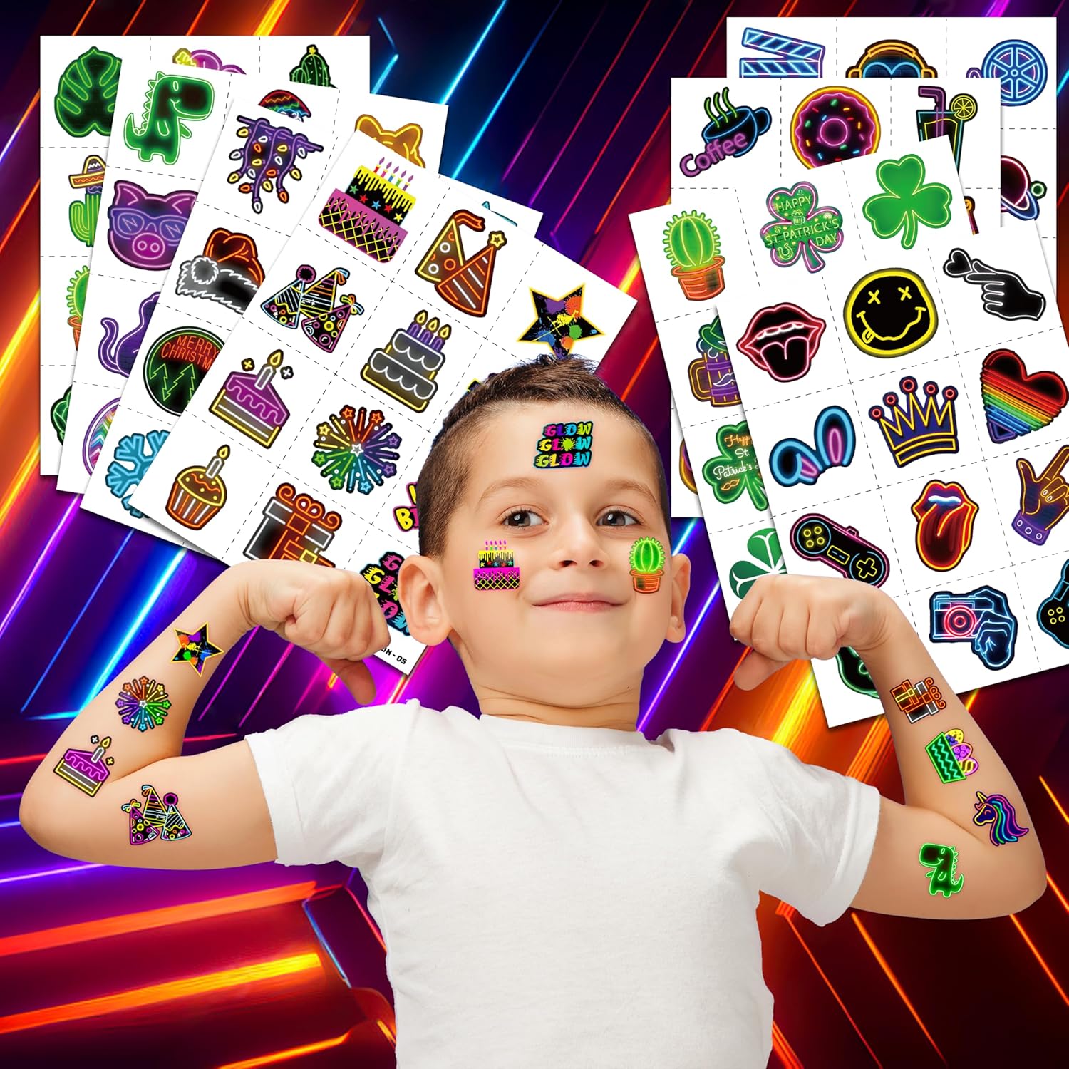 Neon Temporary Tattoos Party Decor 96 PCS 8 Sheets
