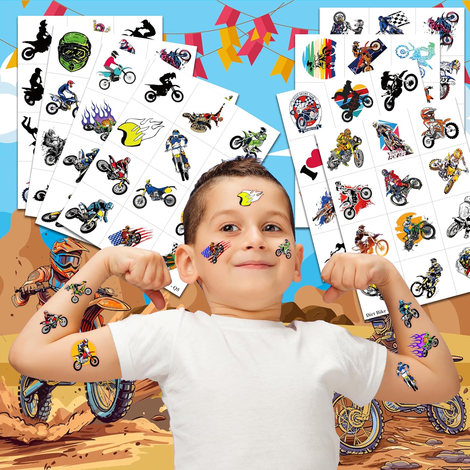 Dirt Bike Temporary Tattoos 96 PCS 8 Sheets Cartoon Themed Party Supplies