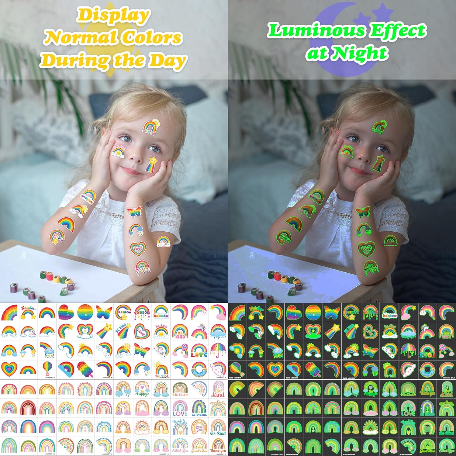 96 PCS Rainbow Pastel Temporary Tattoos for Kids 1