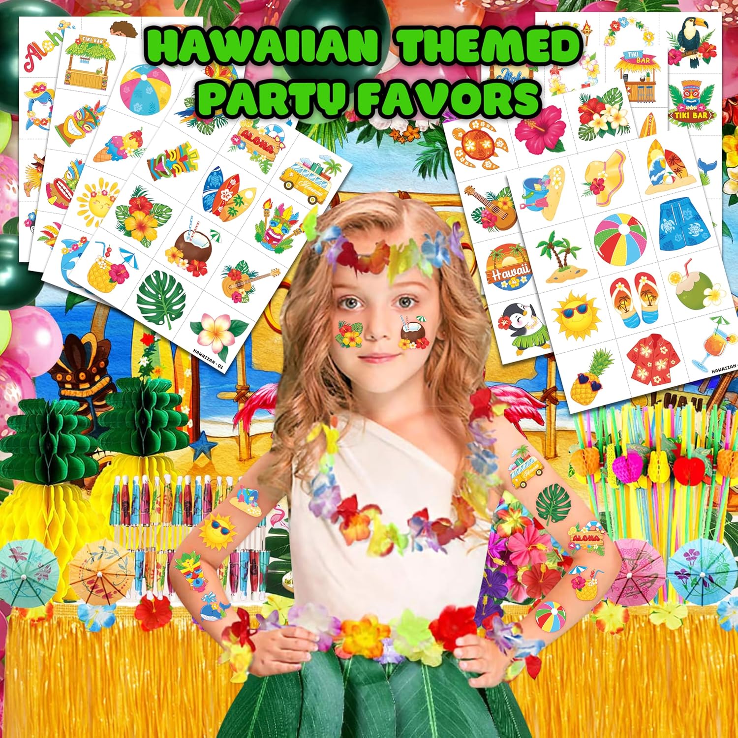 96 PCS Hawaiian Luau Temporary Tattoos for Kids