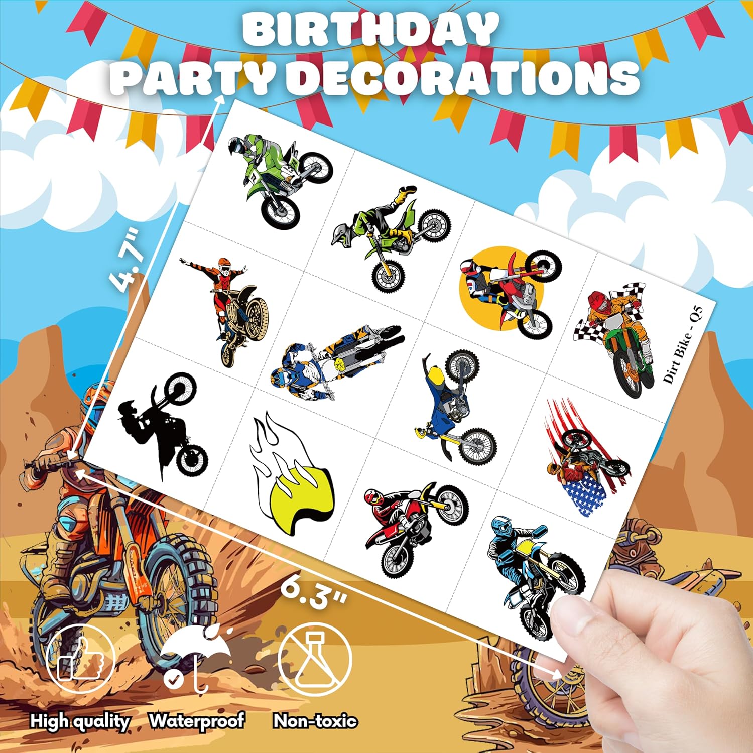 Dirt Bike Temporary Tattoos 96 PCS 8 Sheets Cartoon Themed Party Supplies