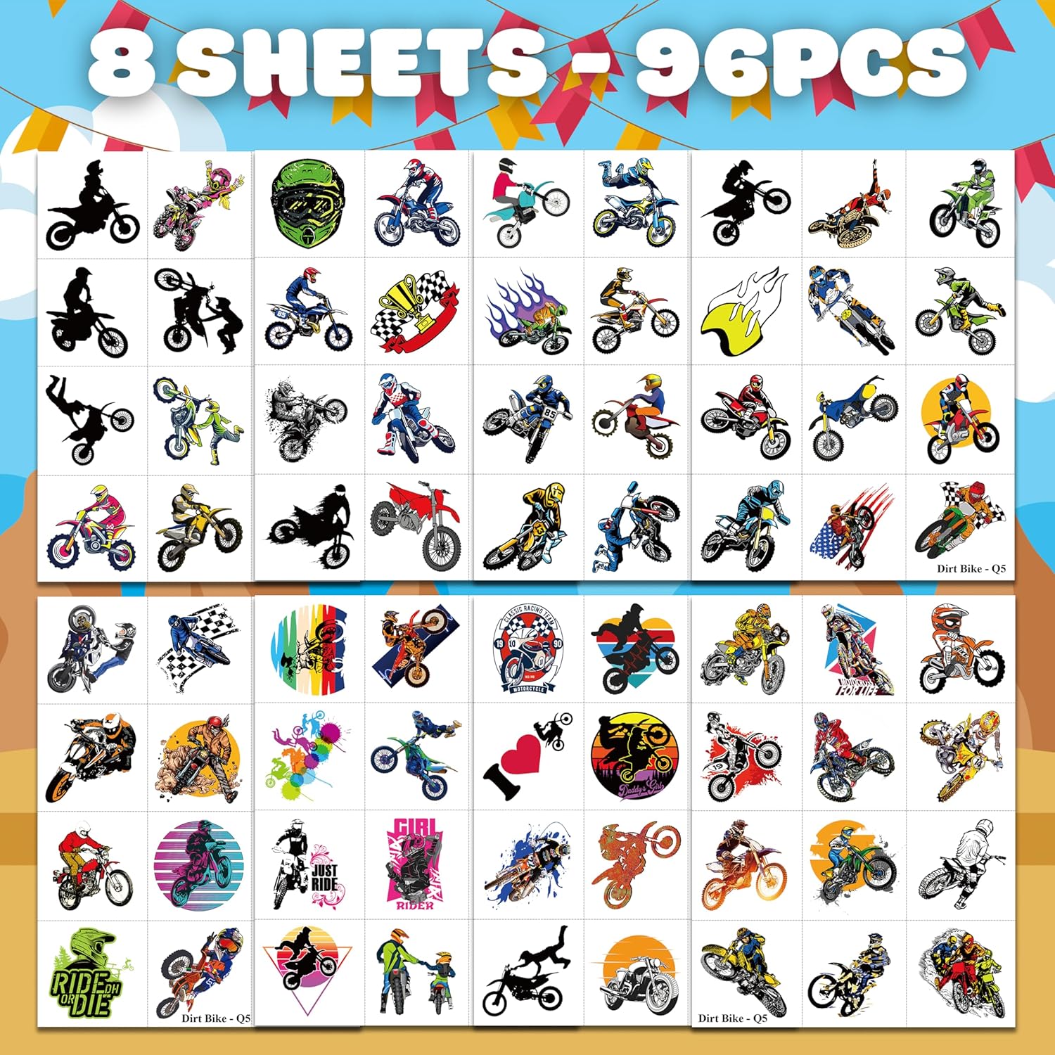Dirt Bike Temporary Tattoos 96 PCS 8 Sheets Cartoon Themed Party Supplies