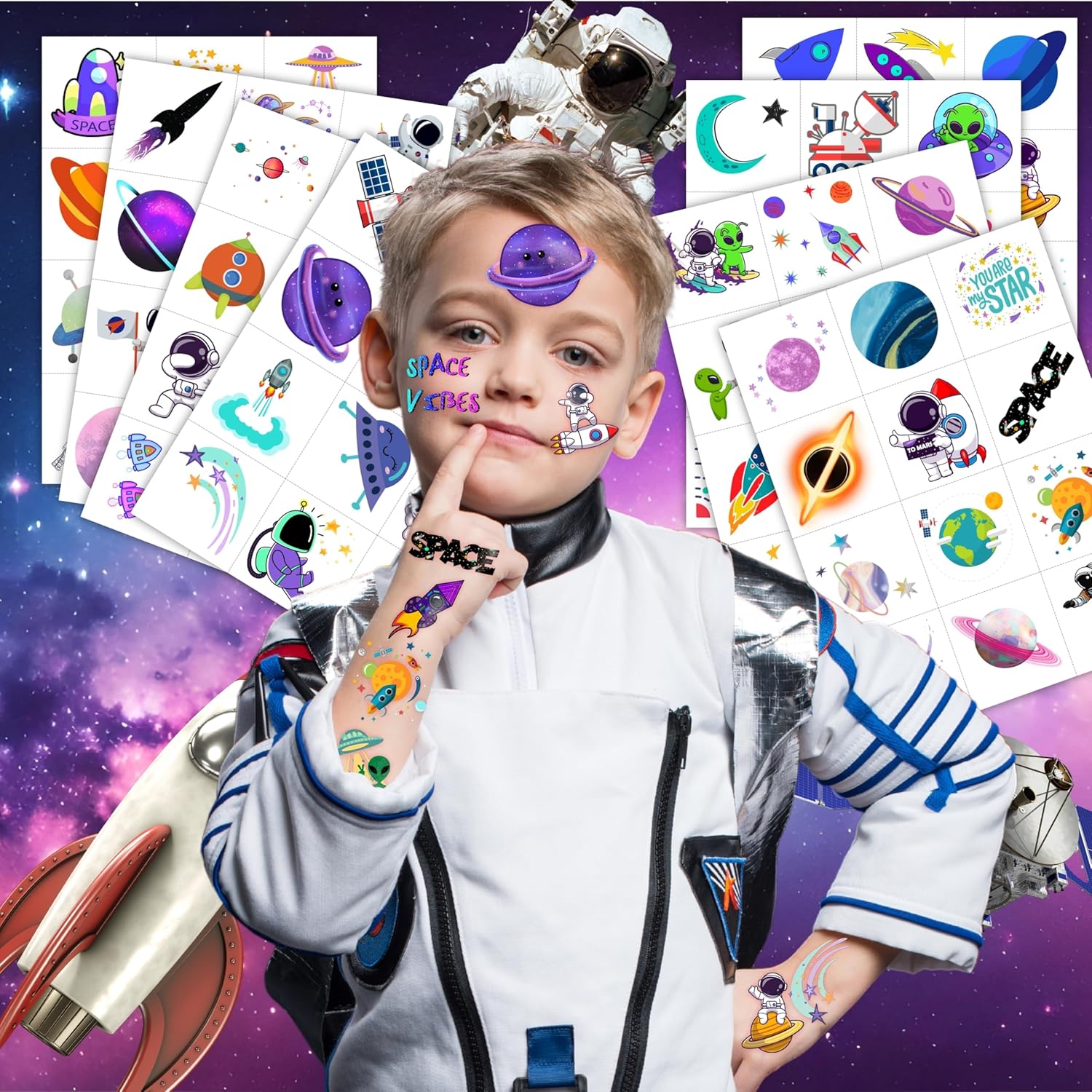 96PCS Galaxy Themed Temporary Tattoos for Kids - Space Party Supplies
