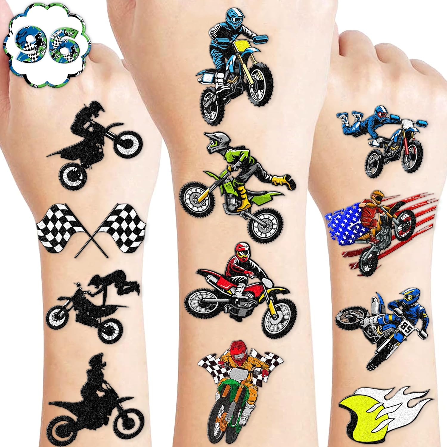 Dirt Bike Temporary Tattoos 96 PCS 8 Sheets Cartoon Themed Party Supplies