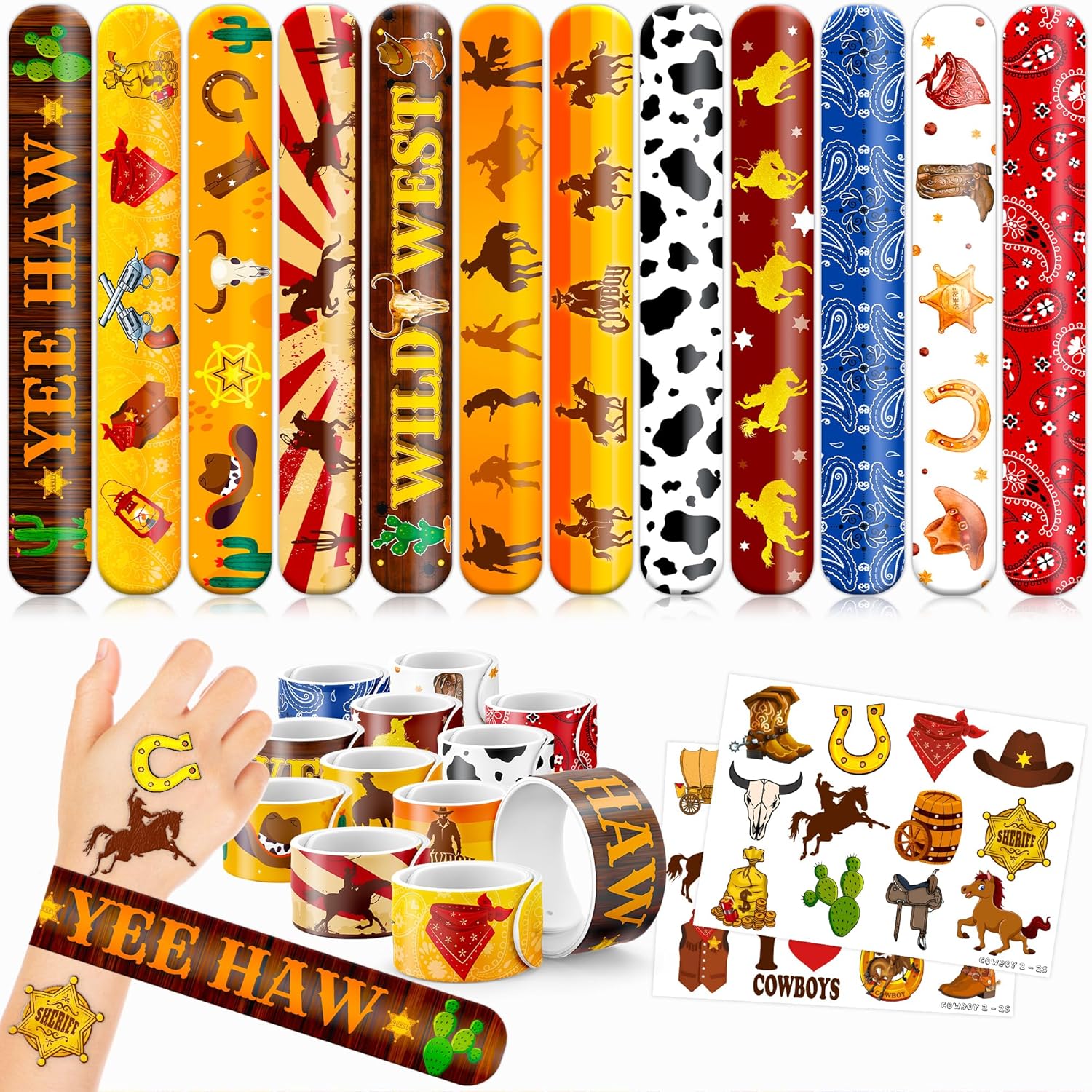 48PCS Cowboy Party Set Temporary Tattoos Slap Bracelets for Kids