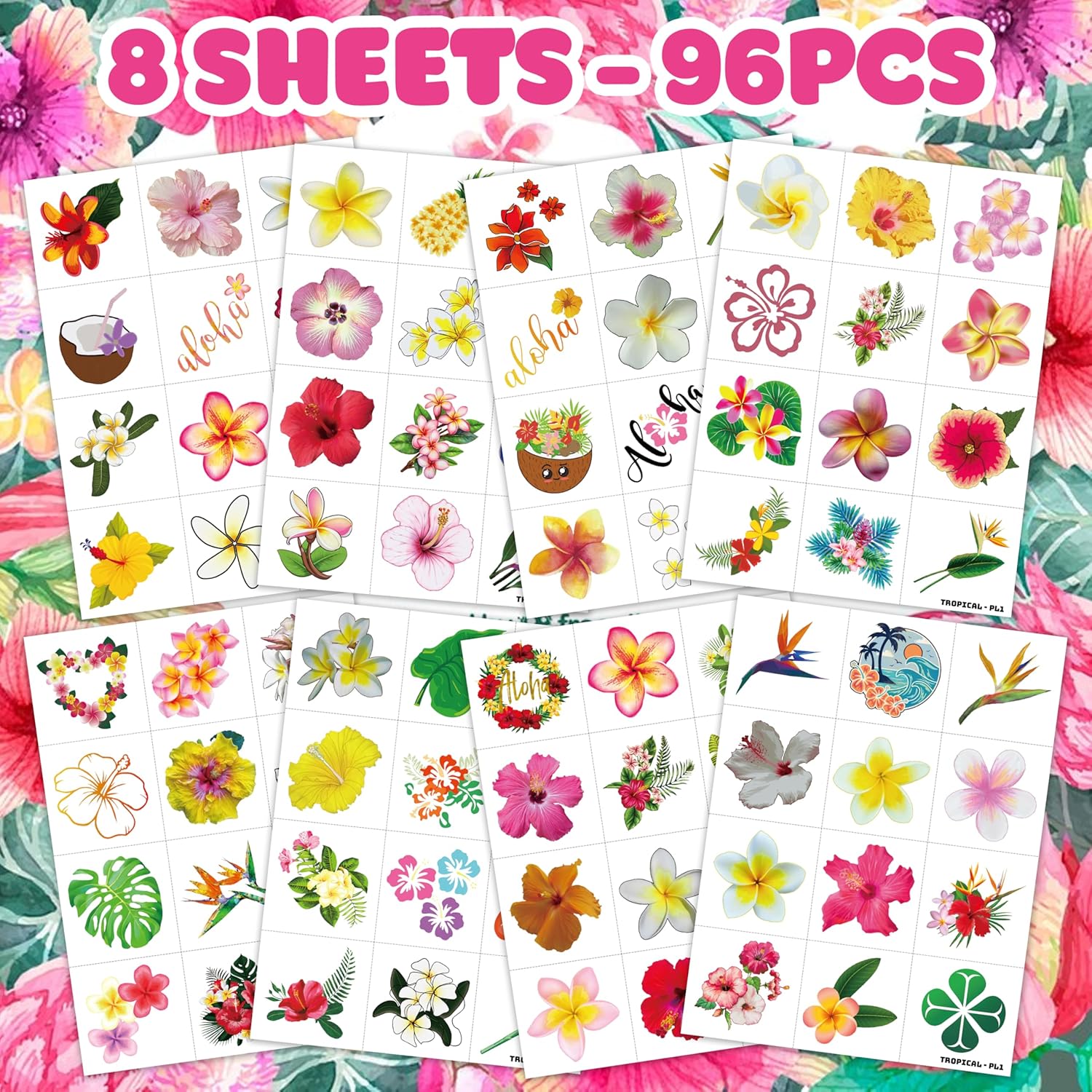 Tropical Flower Hawaiian Temporary Tattoos 96 PCS