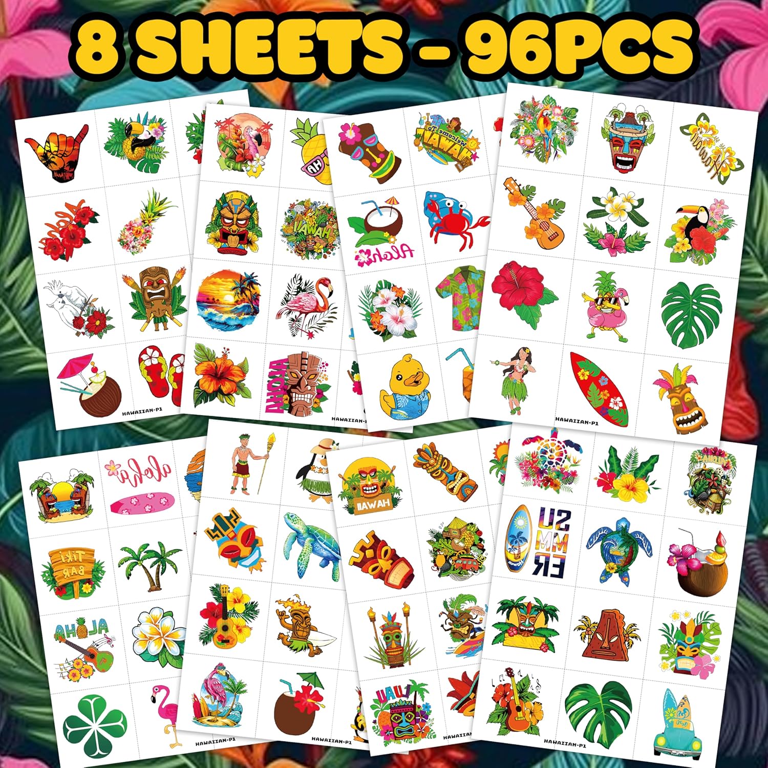 96 PCS Hawaiian Pre-Cut Temporary Tattoos Party Decorations