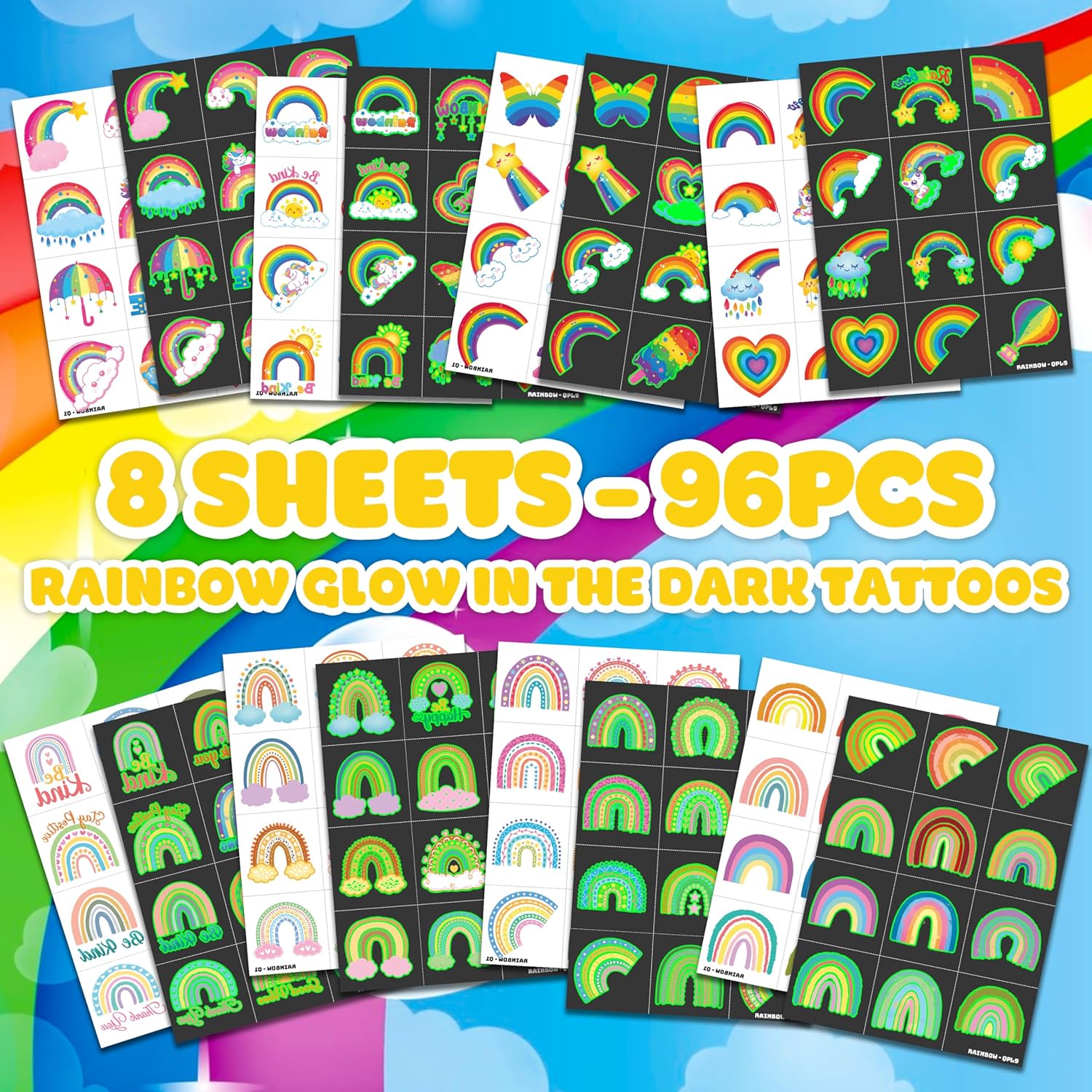 96 PCS Rainbow Pastel Temporary Tattoos for Kids 1