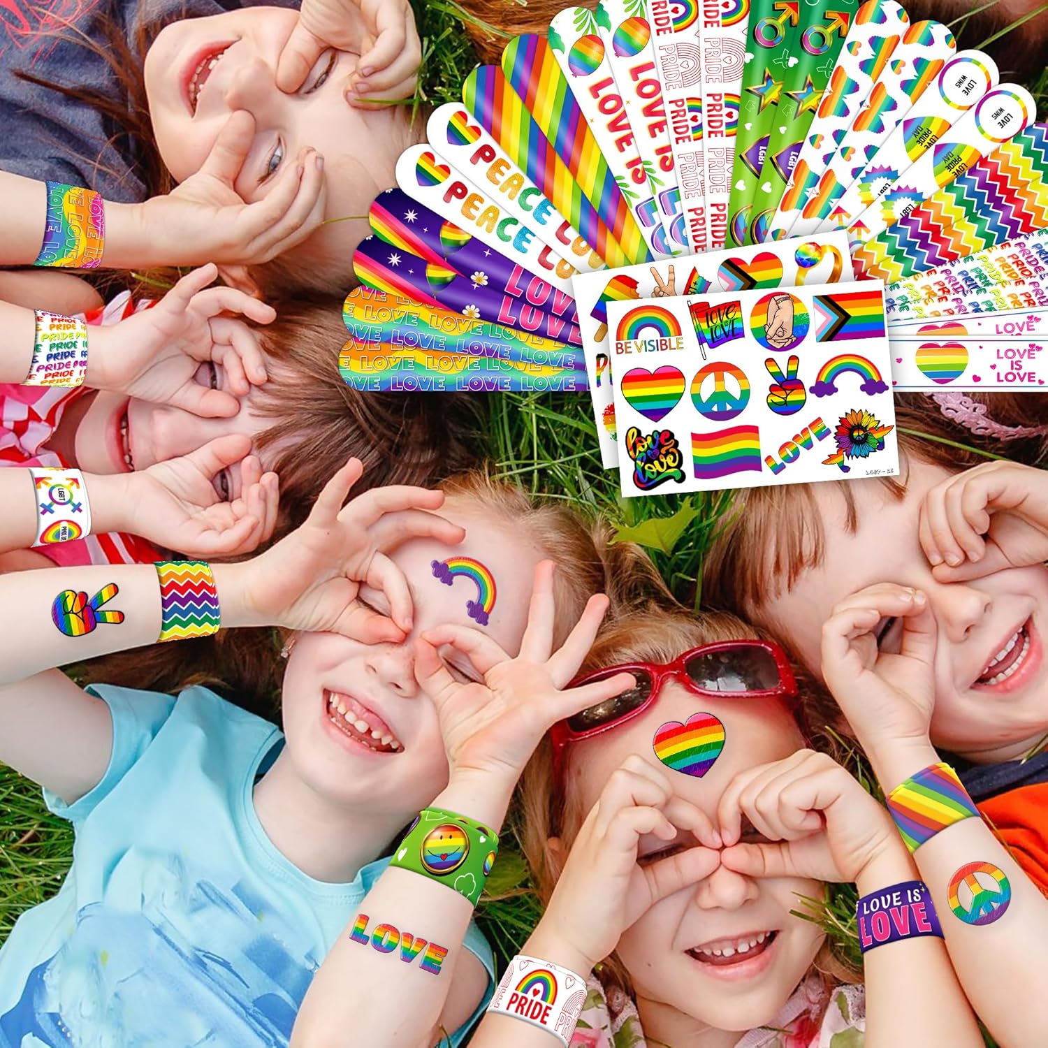 48PCS Pride Party Set 24PCS Rainbow Temporary Tattoos 24PCS Slap Bracelets