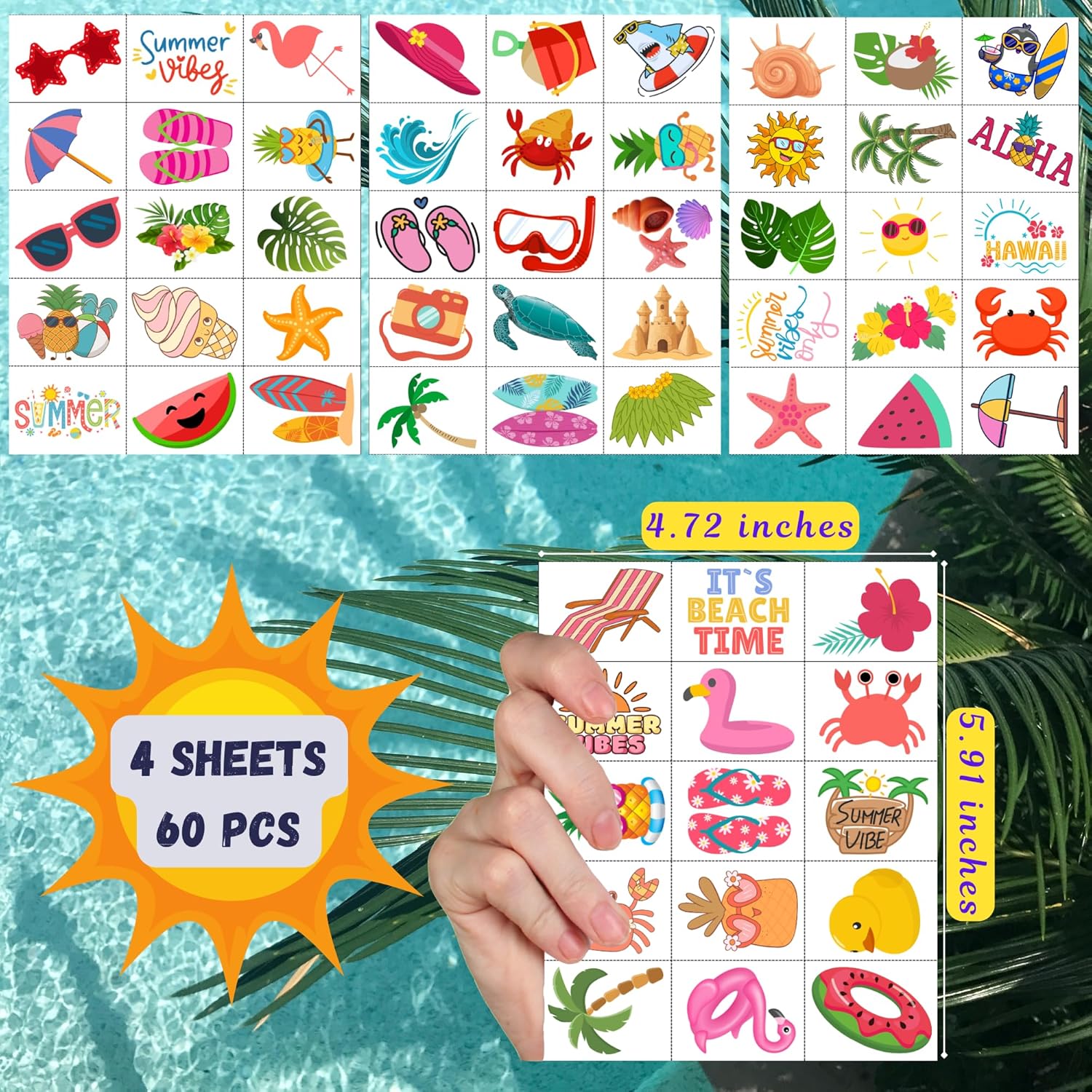 Summer Temporary Tattoos - 60Pcs Pack