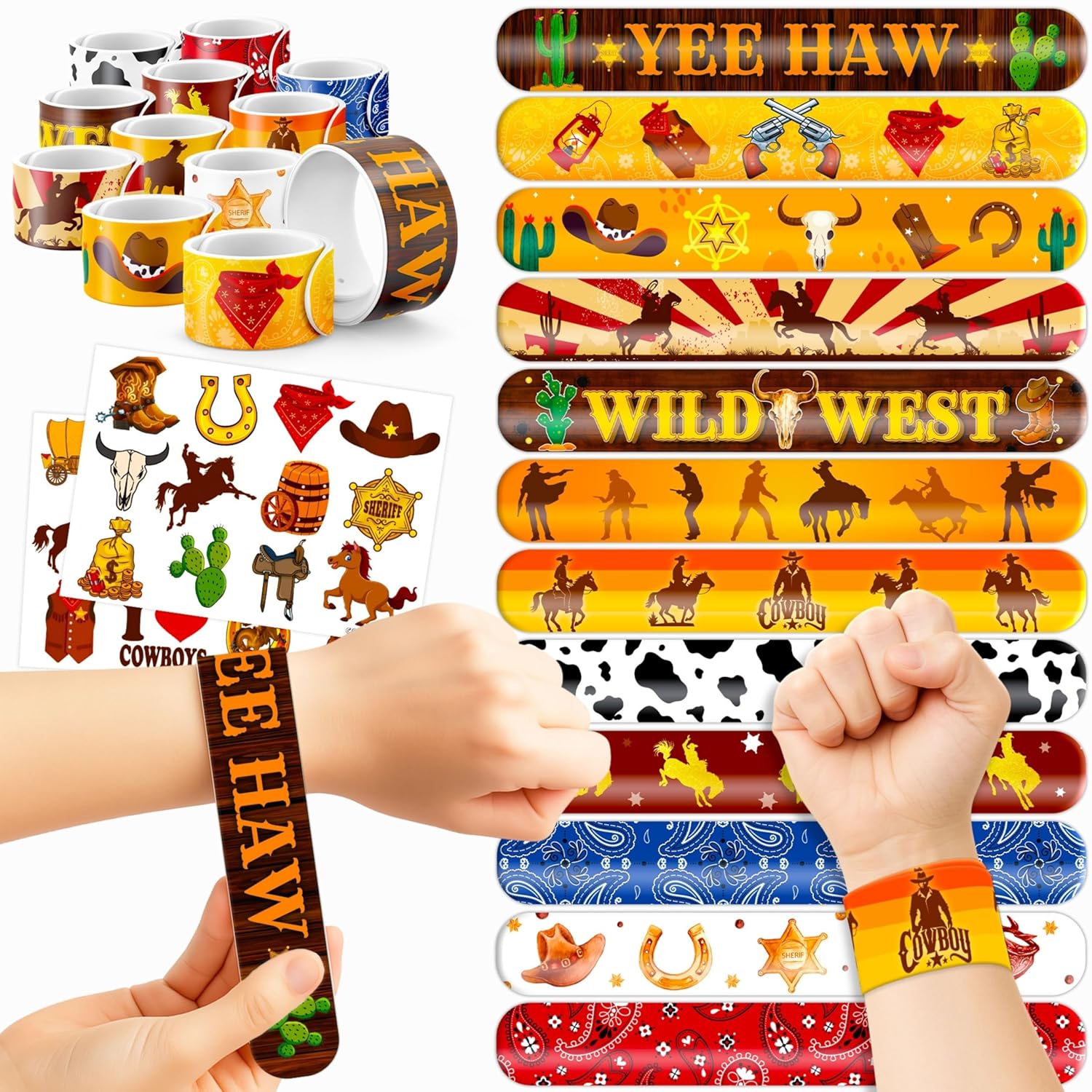 48PCS Cowboy Party Set Temporary Tattoos Slap Bracelets for Kids