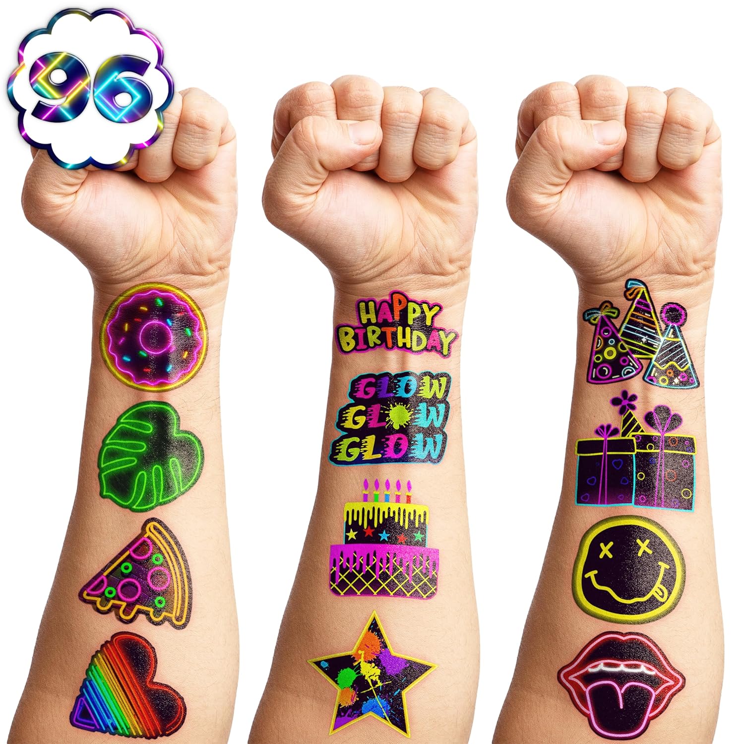 Neon Temporary Tattoos Party Decor 96 PCS 8 Sheets